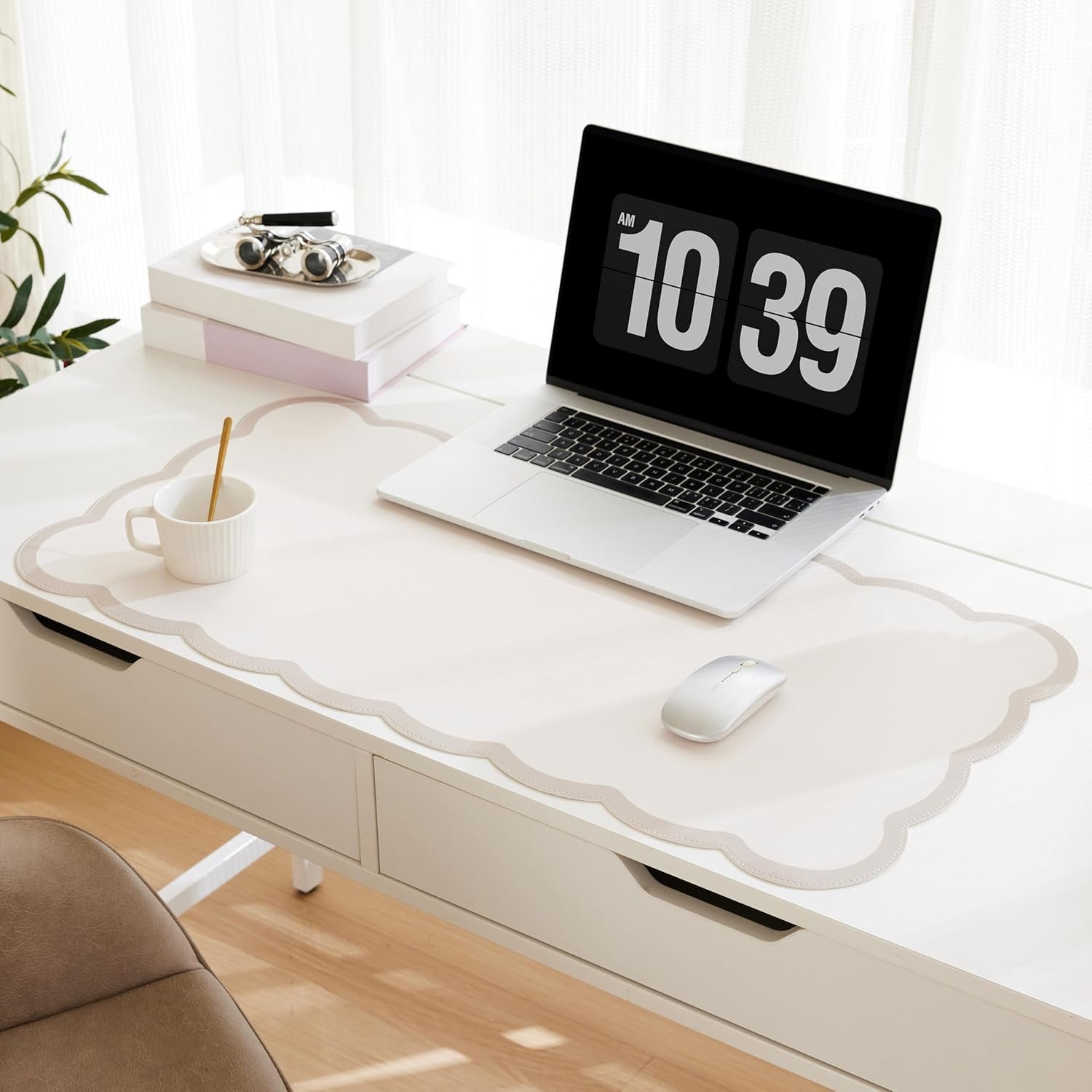 Scalloped Desk Mat, 31.5″ x 15.7″ Large Cute Aesthetic Desk Accessories, PU Leather Computer Laptop Desk Mouse Keyboard Pad, Desk Writing Mat for Vanity/Work/Home Decor (Beige, 31.5″ x 15.7″)