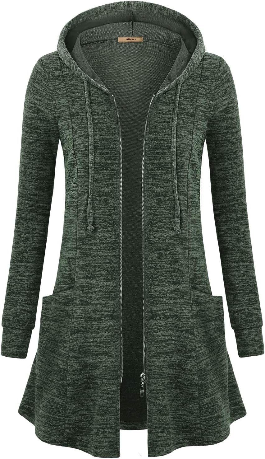 Miusey Womens Zip Up Long Hoodie Jacket Lightweight Tunic Sweatshirt Open Front Cardigan