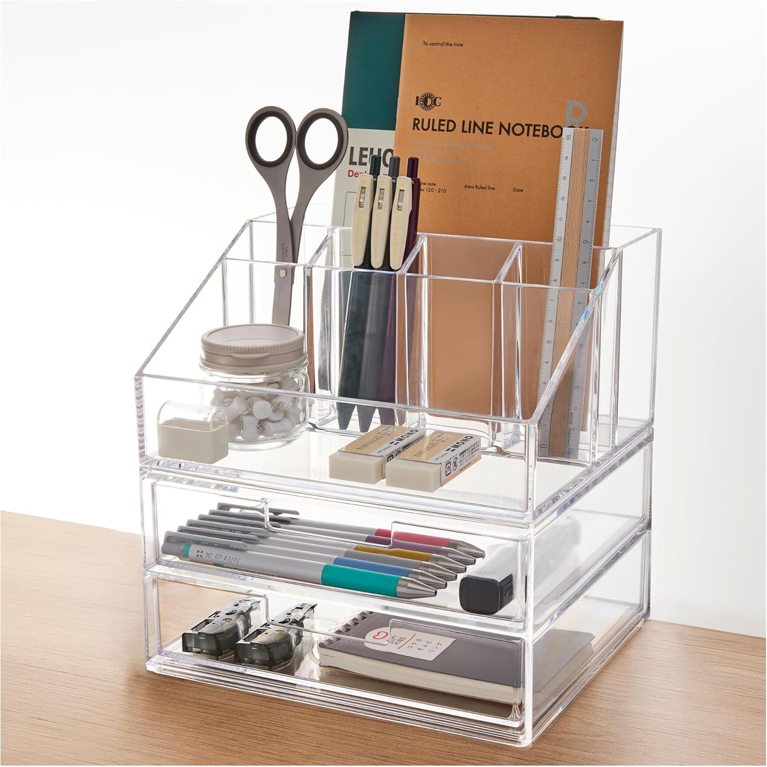 STORi Stackable Desk and Drawer Organizer, Clear Pen Pencil Makeup Brush Holder for Desktops and Vanities, 6 Compartment Caddy with 2 Wide Drawers (Made in USA)