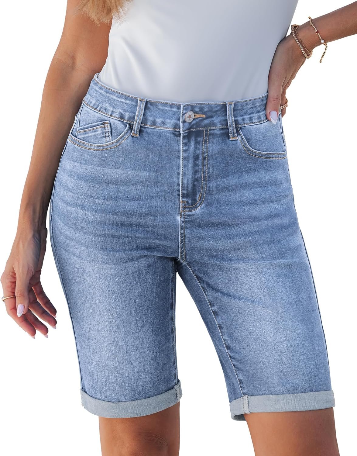 luvamia Bermuda Jean Shorts for Women Knee Length High Waisted Trendy Cuffed Hem Long Stretchy Denim Shorts Summer Jorts