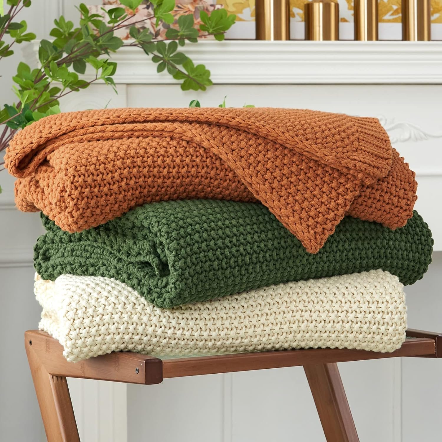 Chunky Cable Knit Throw Blanket Lightweight Beige 100% Organic Cotton Blanket for Sofa Couch Bed Baby Nursery, Rustic Shabby Chic Modern Farmhouse, 51” x 63” Give Laundering Bag
