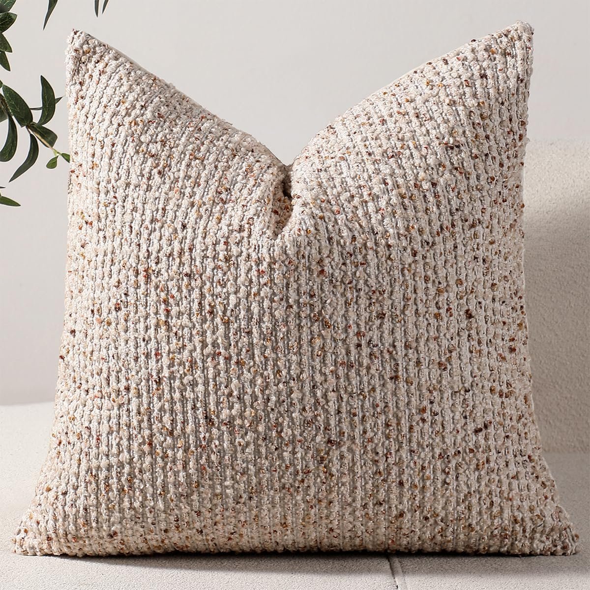 DEZENE 22×22 Beige Throw Pillow Cover Textured Boucle Striped Chic Morden Boho Accent Farmhouse Square Decorative Couch Pillow Cover for Home Decor Bed Sofa Living Room