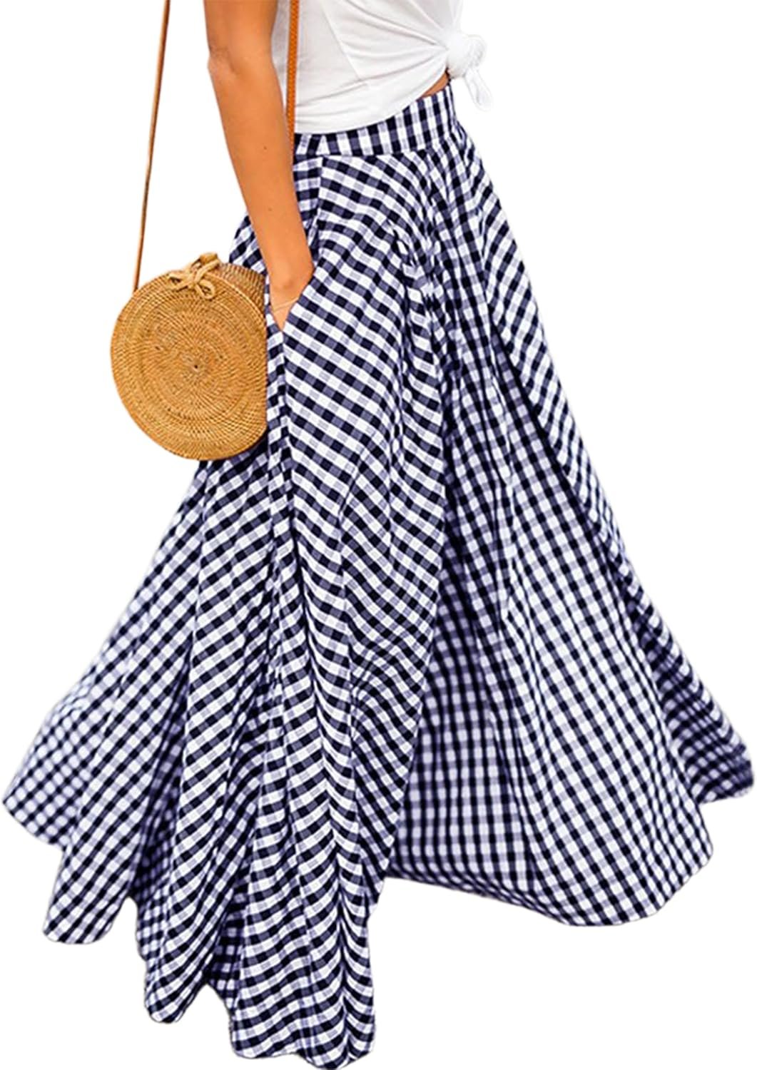 Mansy Women’s Plaid Gingham Maxi Skirt High Waist A Line Pleated Flared Summer Casual Swing Long Skirt 2026