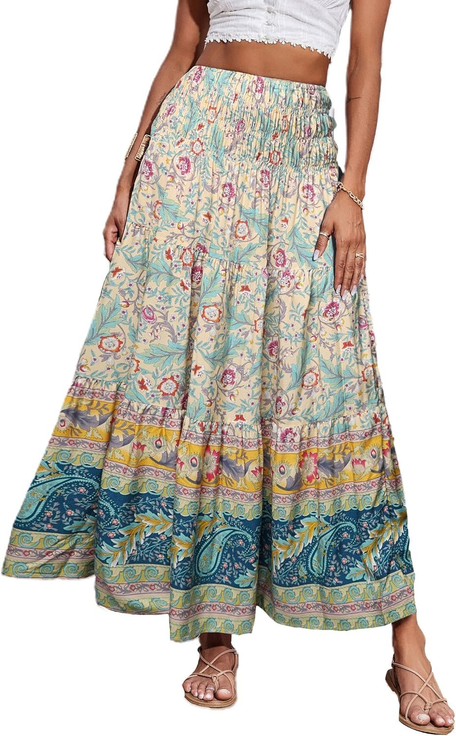 CFLONGE Summer Maxi Skirts for Women 2026 Fashion Boho Long Skirt Trendy Floral High Waist A Line Beach Skirt Vacation Outfit