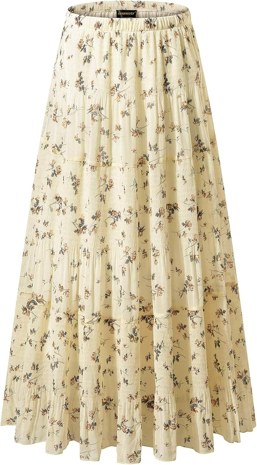 NASHALYLY Women’s Chiffon Elastic High Waist Pleated A-Line Flared Maxi Skirts