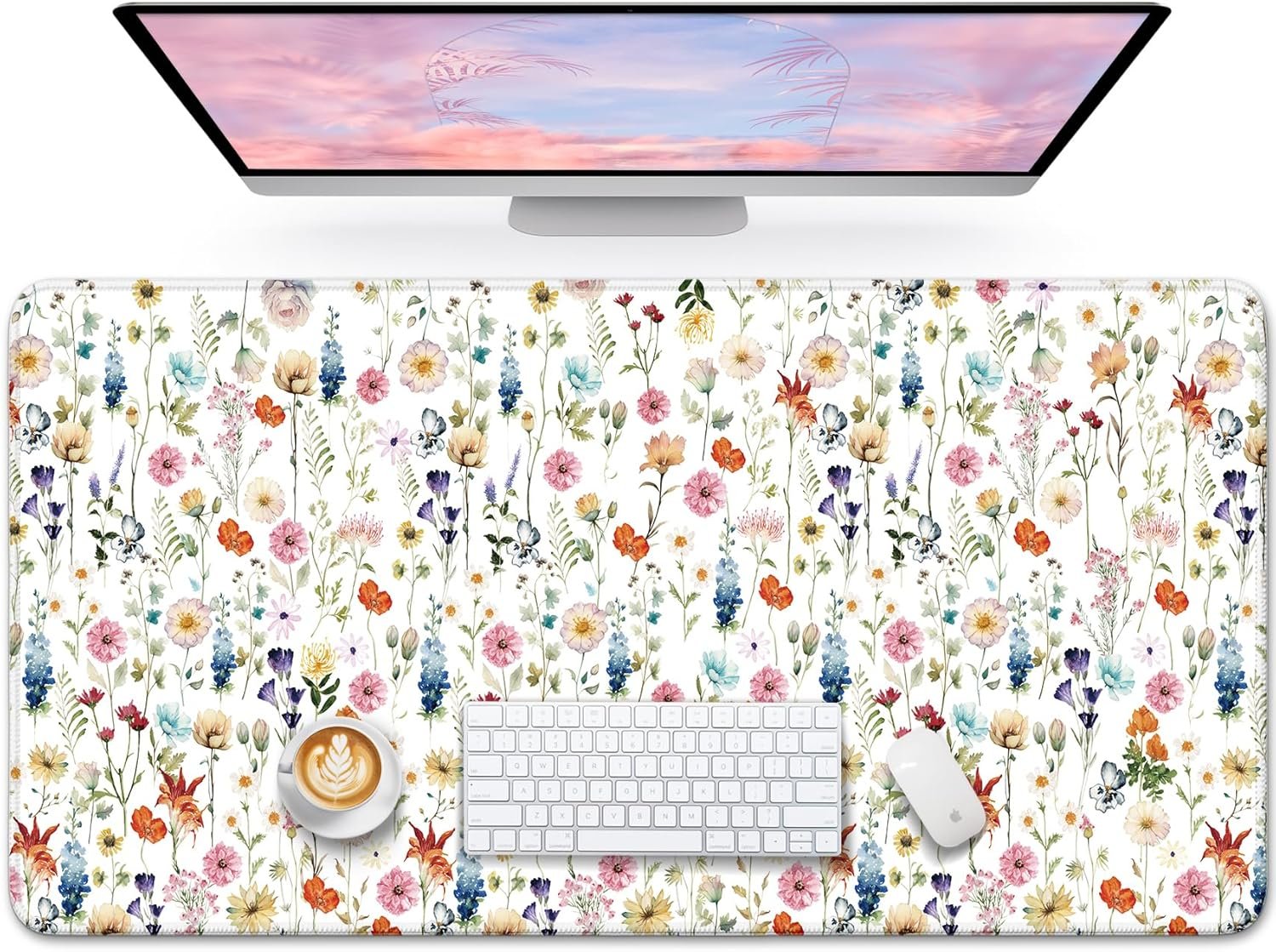 Large Mouse Pad for Desktop, Cute Desk Mat Pad Protector for Work & Gaming, Aesthetic Pretty Anti-Slip Laptop Blotter Cover for Office School Home Supplies, Wildflowers, 31.5″ x 11.8″
