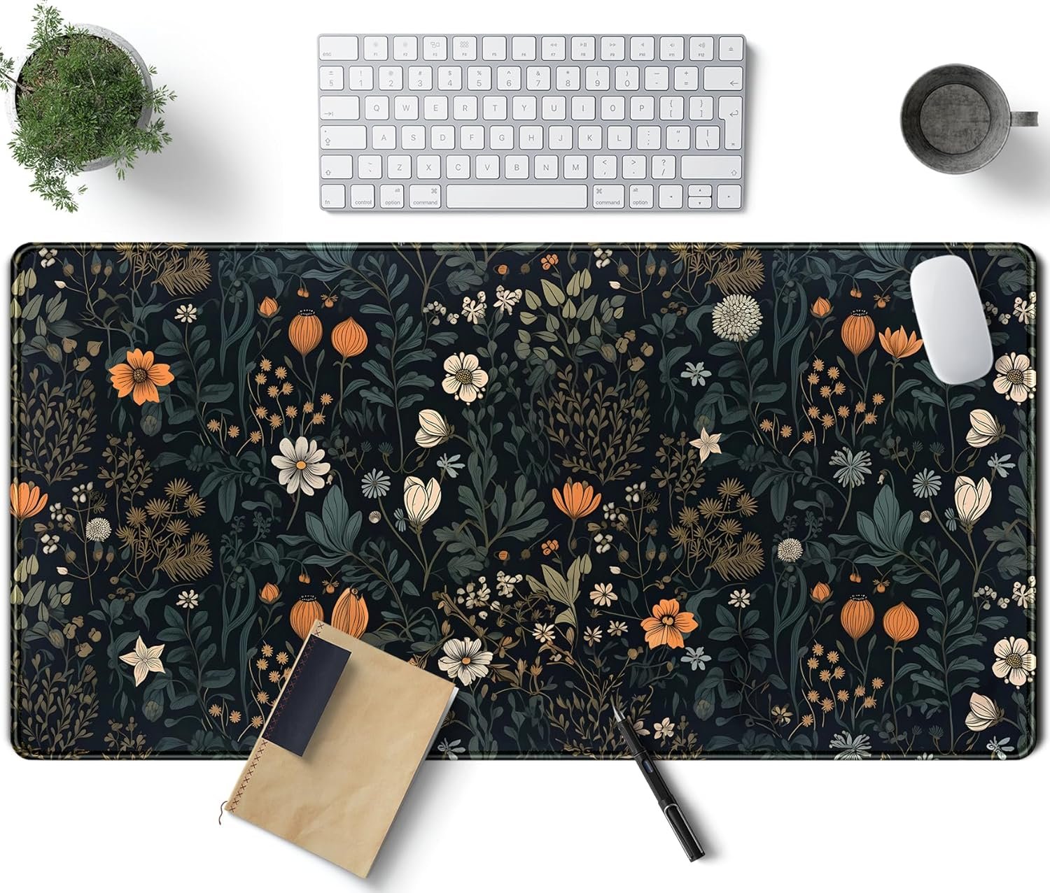 Cute Dark Floral Desk Mat Vintage Flowers Plant Mouse Pad XXL Large Extended Gaming Mousepad Women Office Decor Desk Pad, Big Laptop Computer Keyboard and Mouse Mat with Stitched Edges, 31.5×15.7 in