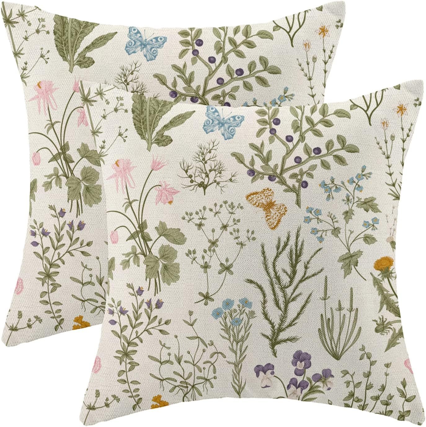 AEIOAE Spring Pillow Covers 18×18 Inch Set of 2,Sage Green Wild Flower Plant Throw Pillows Case,Seasonal Floral Outdoor Decorative Square Linen Farmhouse Decor Cushion Covers for Home Sofa Bed Couch