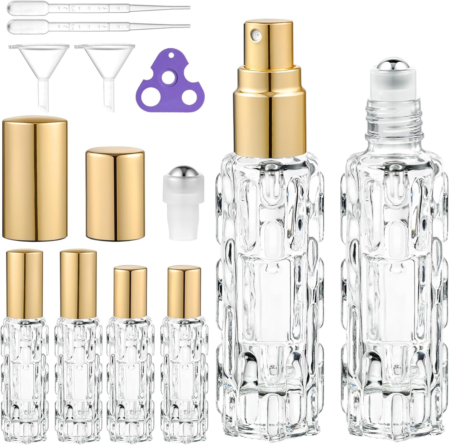 6 Pack Glass Bottles, 3×10ml Roller Bottles & 3×10ml Fine Mist Spray Bottles, Refillable Travel Containers for Essential Oils, Perfume, Liquids (Gold Caps)