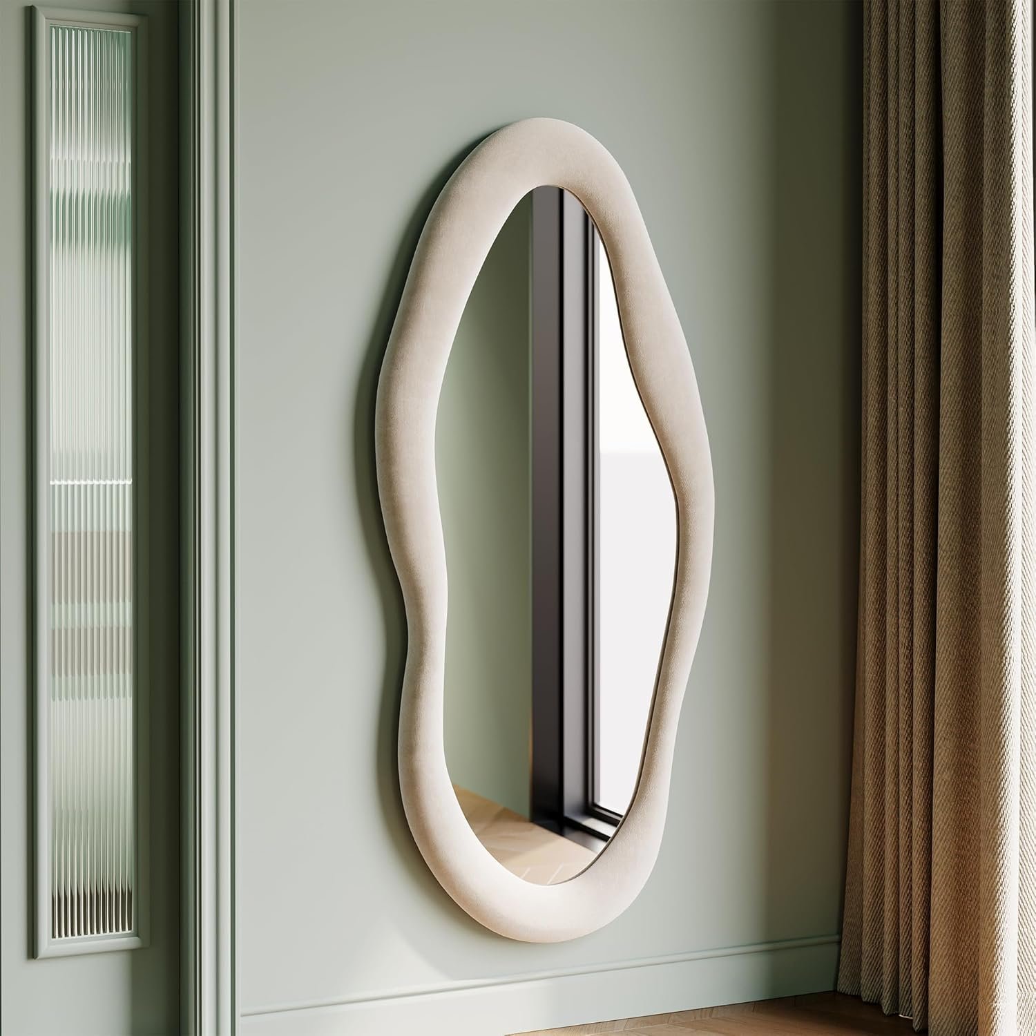 Honyee 55″ x 24″ Wall Mirror, Flannel Wrapped Wooden Frame Wavy Mirror, Irregular Mirror Hanging for Cloakroom/Bedroom/Living Room, Ivory White