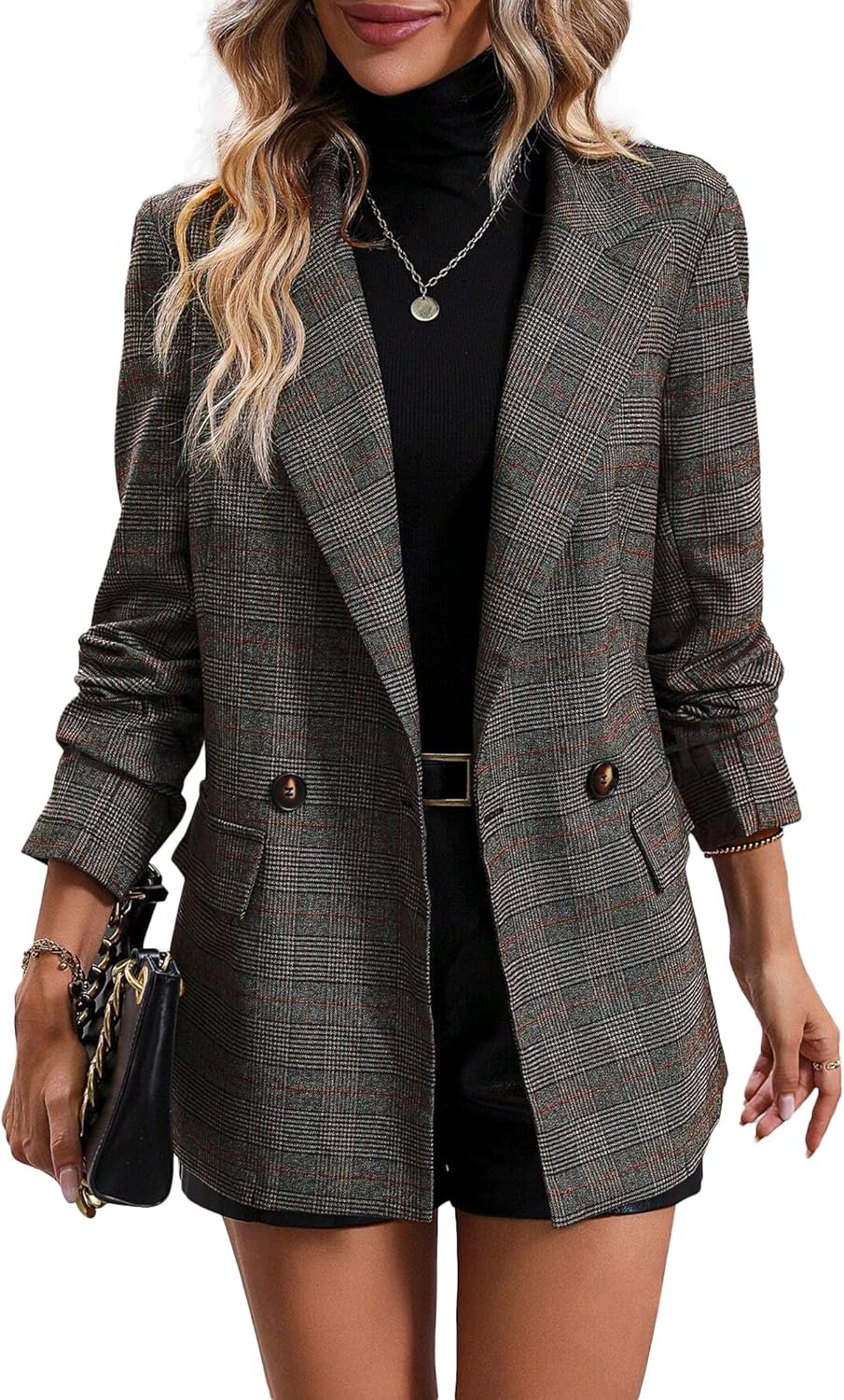 Mina Self Women’s 2026 Plaid Houndstooth Blazer – Lightweight Fully Lined Button Casual Daily Office Work Jacket with Pockets