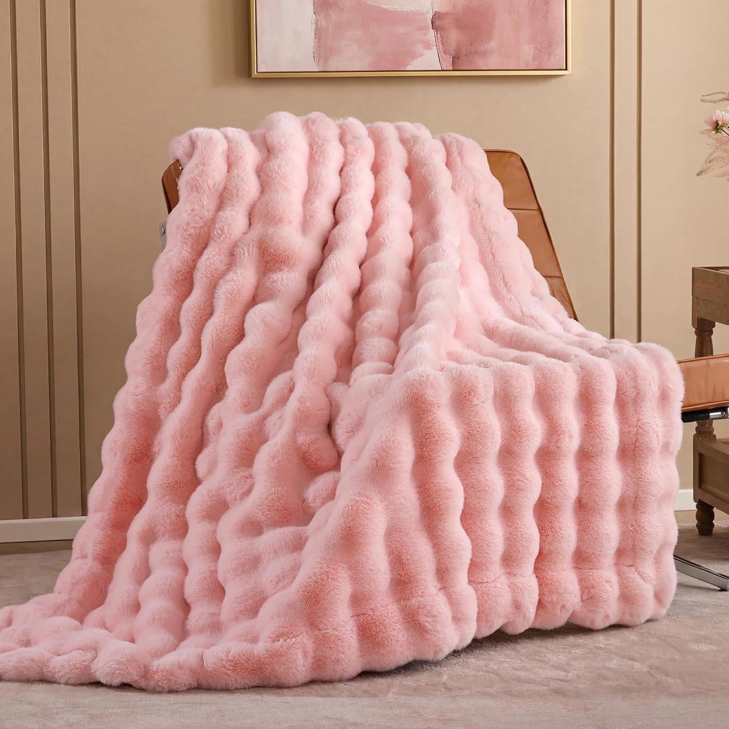 Smoofy Faux Fur Throw Blanket for Couch – Blush Pink Super Soft Cozy Bubble Blanket, Fluffy Plush Fuzzy Throw for Sofa & Bed, Thick Lightweight Warm Blanket, Luxury Aesthetic Gift for Women 50″x60″