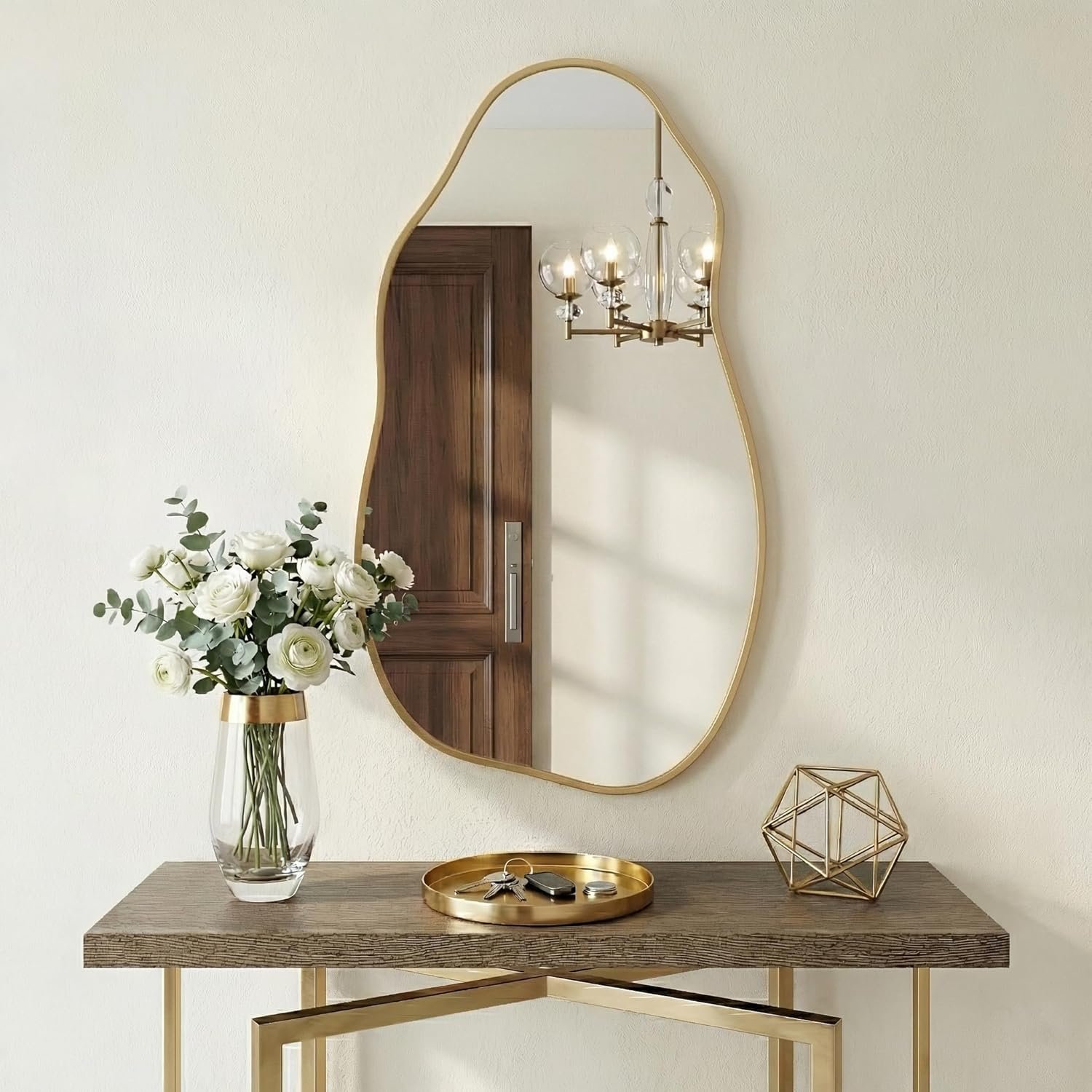 Irregular Wall Mirror 30″x16.5″, Small Asymmetrical Mirror for Powder Room, Matte Gold Rust Proof Aluminum, Tempered Glass Wavy Mirror for Bedroom Makeup, Hallway & Aesthetic Room Decor