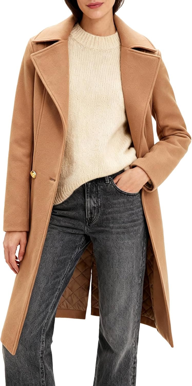 Women’s Long Notch Lapel Coat, Double-Breasted Peacoat, Casual Classic Fall Winter Overcoat