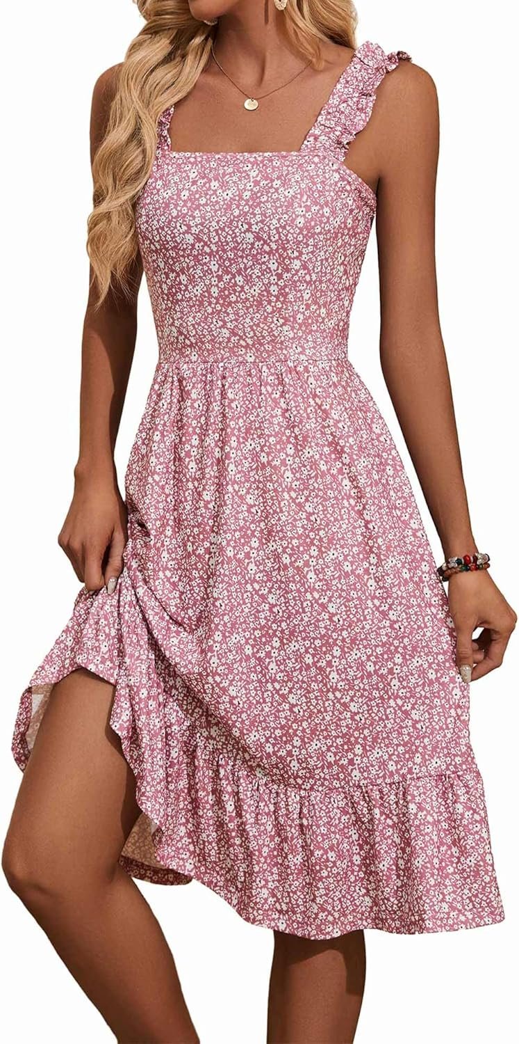 ZABERRY Womens Summer Midi Dress 2026 Elastic Straps Square Neck Cute Floral Flowy A-line Sundresses for Women