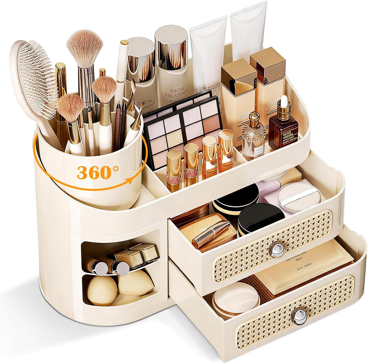 Makeup Organizer for Vanity with 360° Rotating Removable Brush Holder – Bathroom Countertop Dresser Organization, Beauty Cosmetic Storage with Drawer for Skincare, Perfumes, Lipsticks