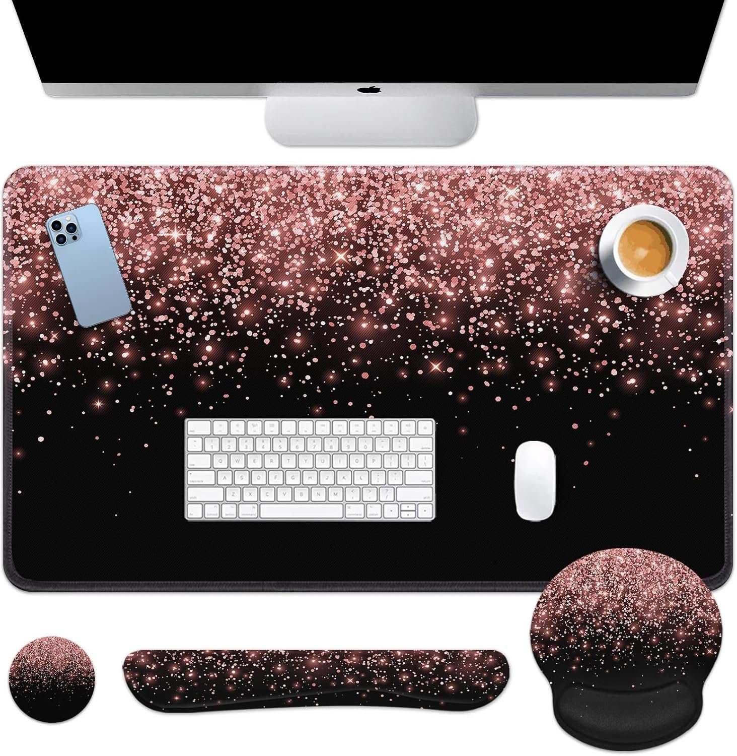 Britimes Rose Gold Pink Keyboard Mouse Pad Set Black Golden 4in1 Large Mousepad+Keyboard Wrist Rest+Mouse Wrist Rest+Coaster Ergonomic Design for Home Office Computer 35.4×15.7 inches
