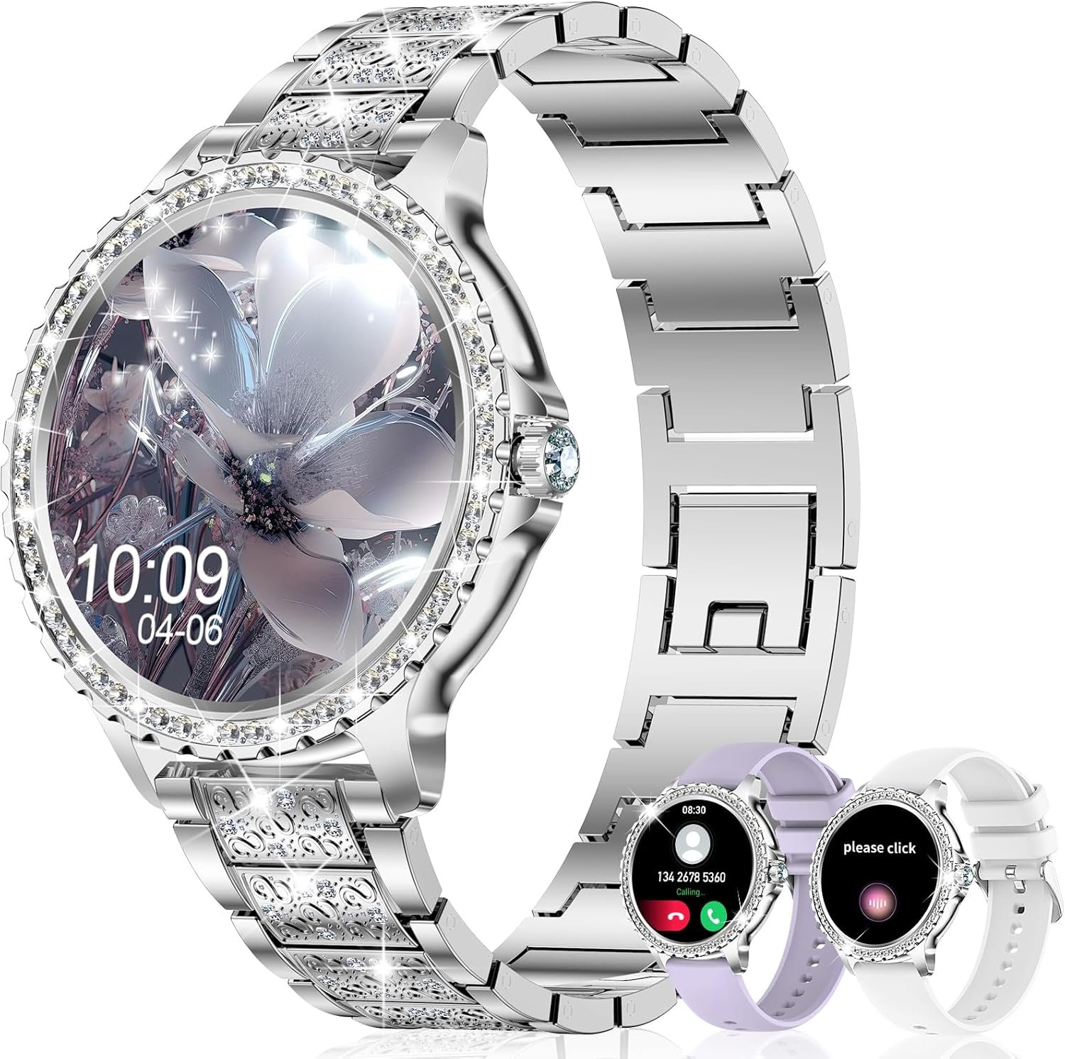 Smart Watch for Women with Diamonds (Answer/Make Call),1.32”Full Screen Smart Watch for Android /iOS,Fitness Tracker with Heart Rate/Blood Oxygen/Sleep Monitor/AI Voice Watches for Women,3 Straps
