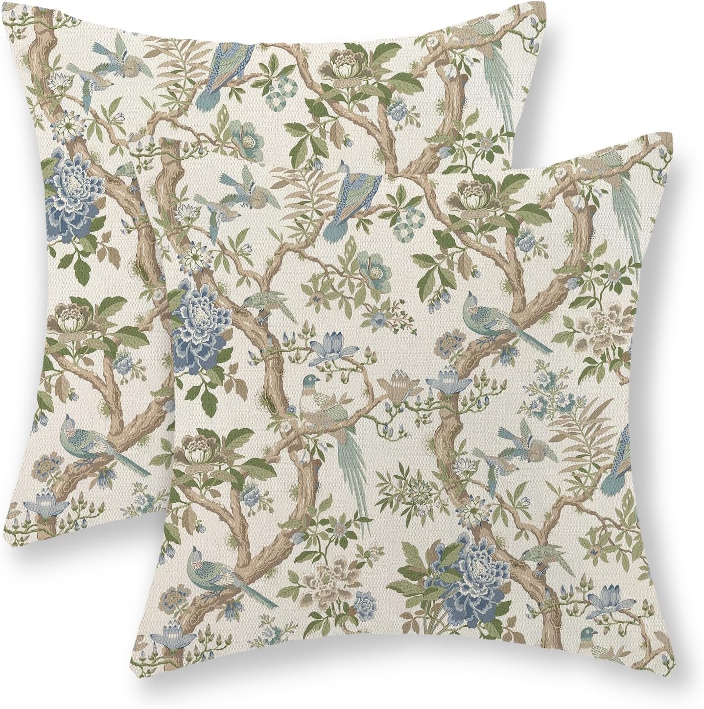 Chinoiserie Pillow Covers 18×18 Set of 2 Blue Green Floral Birds Throw Pillow Covers Outdoor Decoration Vintage Flower Decorative Pillowcase Linen Cushion Case for Home Couch Sofa