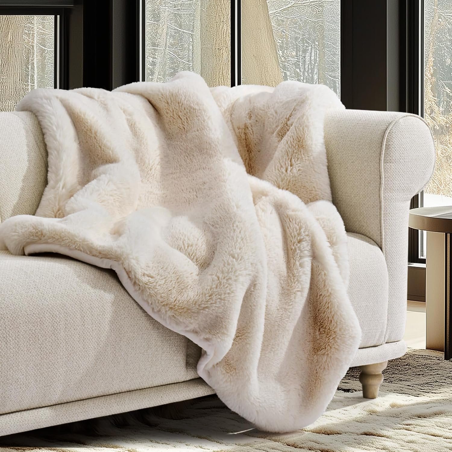 EVERGRACEHOME Luxury Soft Faux Chinchilla Fur Throw Blanket for Couch, Warm Thick Heavy Winter Throw Blanket 1220GSM for Bed, Fluffy Cozy Mink Blanket with Reversible Velvet, Arctic White, 50″x60″