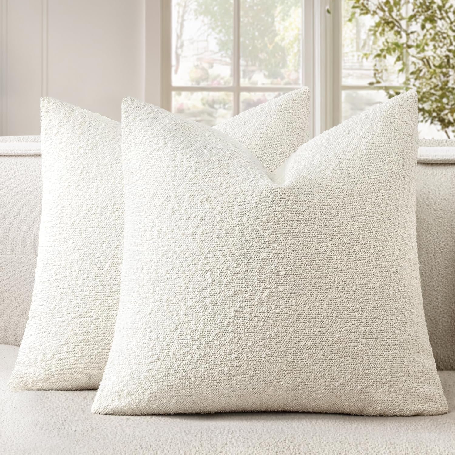 Pack of 2 20×20 Inch Decorative Boucle Throw Pillow Covers Textured Square Pillowcaes Accent Solid Cozy Soft Cushion Covers Home Decor for Sofa Couch Living Room Bed,White