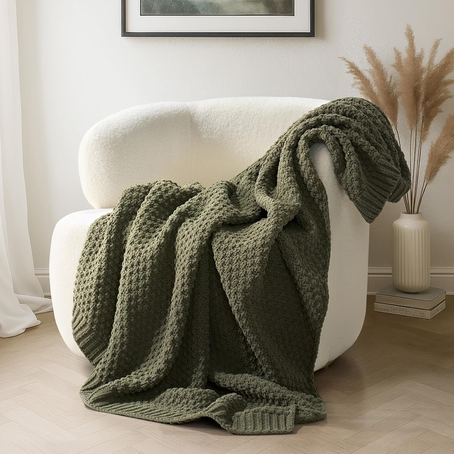 EVERGRACEHOME Chunky Chenille Knit Throw Blanket for Couch, Soft Luxurious Moss Stitch Chair Blankets for Bed, Cozy Decorative Farmhouse Knitted Throws for Sofa, Olive Green, 50″ x 60″
