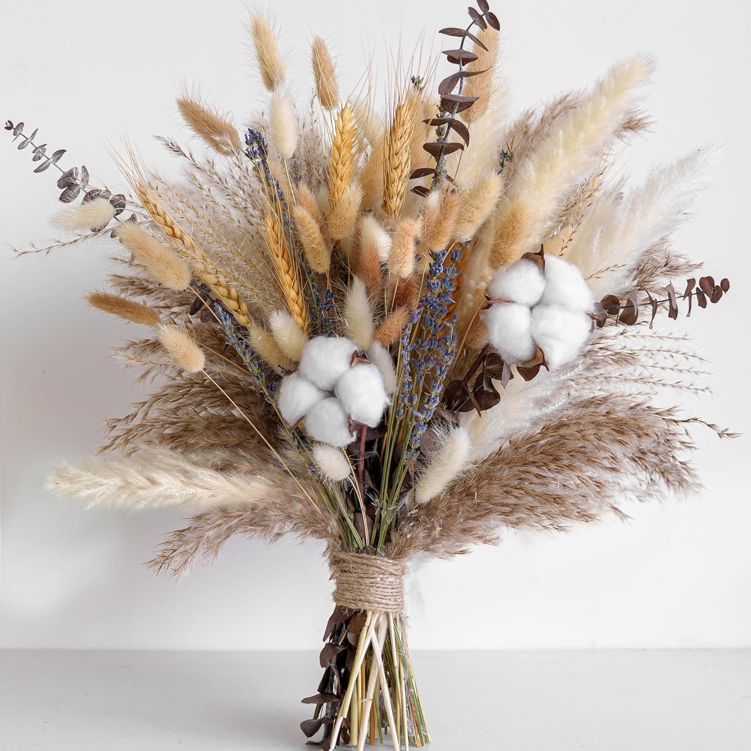 Natural Dried Flower Bouquet – Pampas Grass, Cotton Stems, Bunny Tails, Eucalyptus, Lavender & Wheat – Rustic Boho Decor for Home, Fall Decorations for Home, Wedding, or Gift