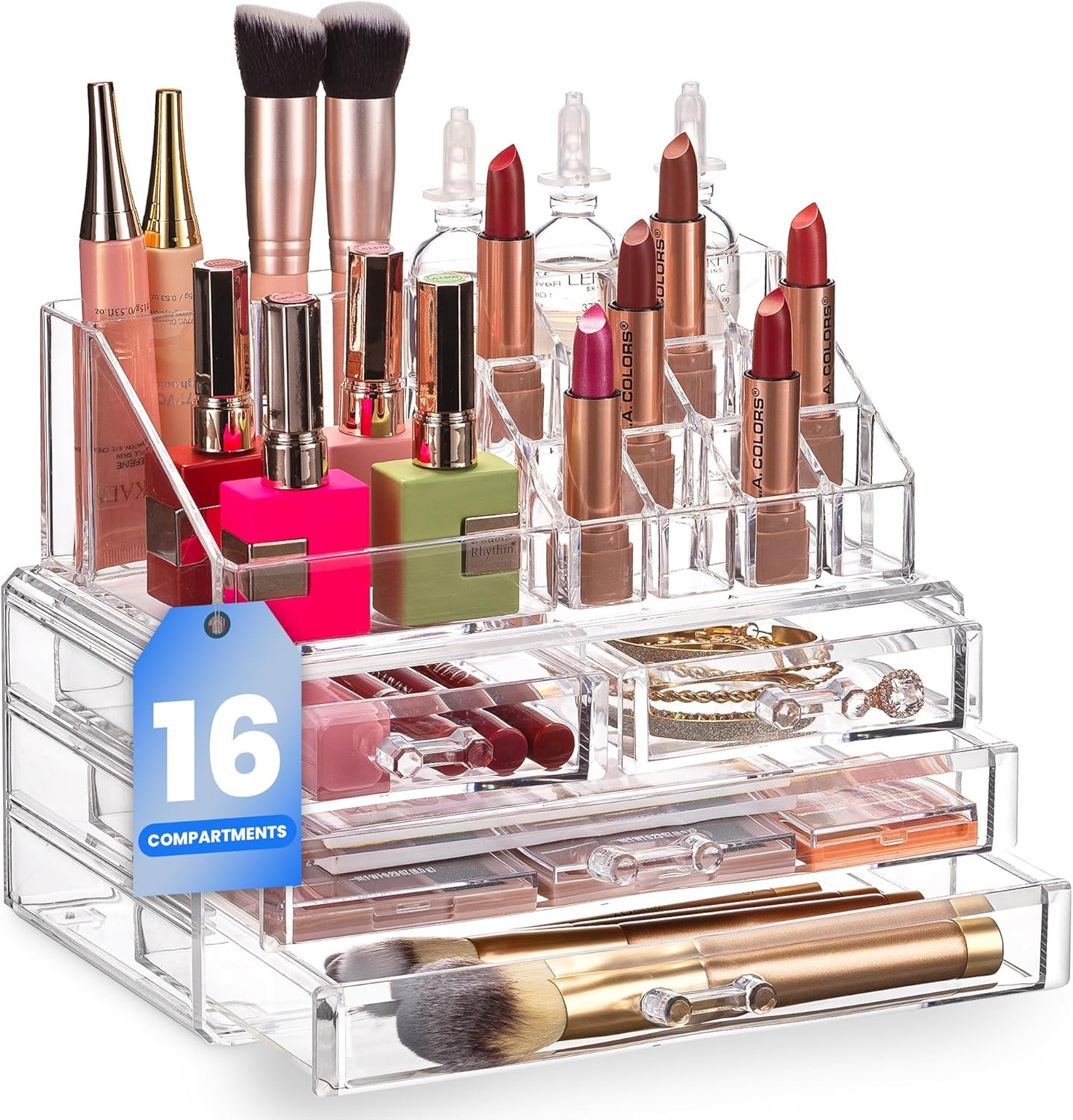 Masirs Clear Makeup Organizer – 16-Compartment Cosmetic and Jewelry Holder with 4 Drawers – Vanity Storage Box for Makeup, Skincare, Accessories, and Jewelry Display