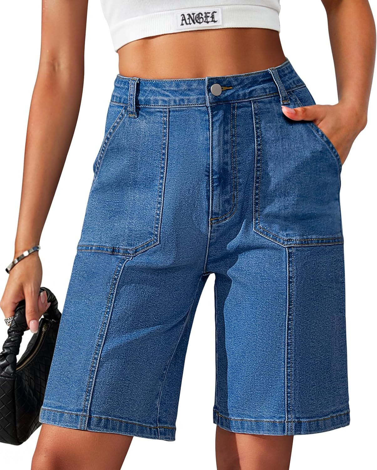 Eddoyee Bermuda Shorts for Women Long Knee Length Jean Shorts Denim Stretchy Cotton Jorts with Pockets Casual Relaxed Fit