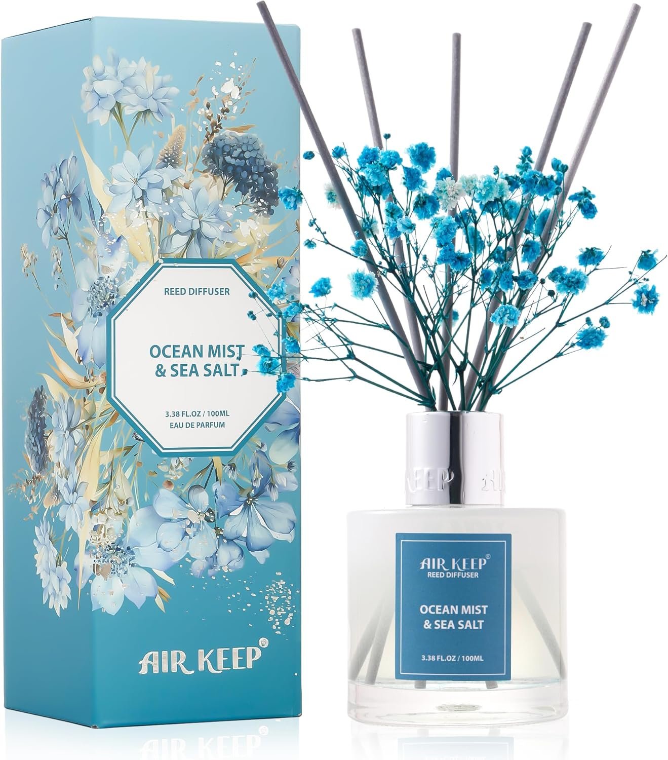 Airkeep Reed Diffuser Set,3.38 fl oz (100 ml) – Ocean Mist&Sea Salt Oil Diffusers with 8 Reed Sticks,Home Fragrance Reed Diffuser for Bathroom Shelf Decor