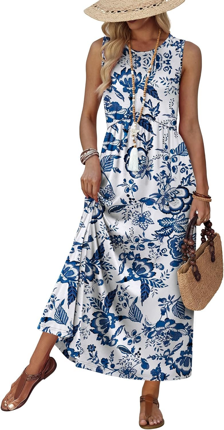 WIHOLL Summer Dresses Babydoll Maxi Dress Empire Waist Beach Vacation Sundresses 2026 with Pockets