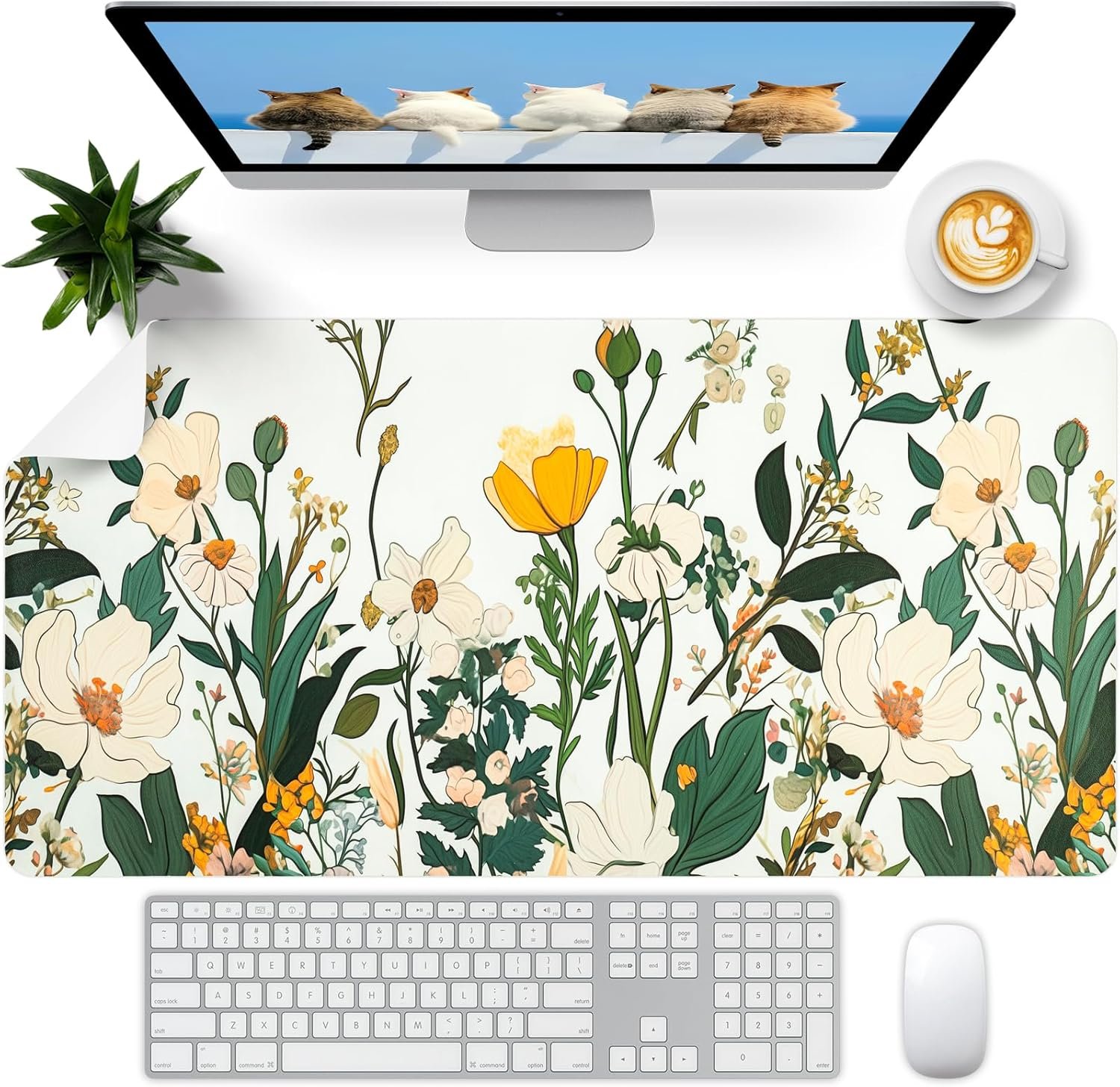 Flower Desk Mat, Desk Matt for Desktop, Leather Mouse Pad, Waterproof Large Keyboard Pad, Anti-Slip Computer mat, Keyboard and Mousepad for Women Office Decor (31.5″x15.7″)