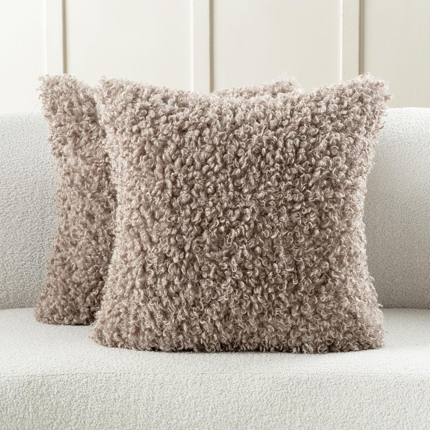 FUTEI Pack of 2 Decorative Throw Pillow Covers 18×18 Inch,Soft Fluffy Faux Wool Fur Boucle Textured Cushion Case,Modern Home Decor for Couch Bed Living Room Office,Khaki