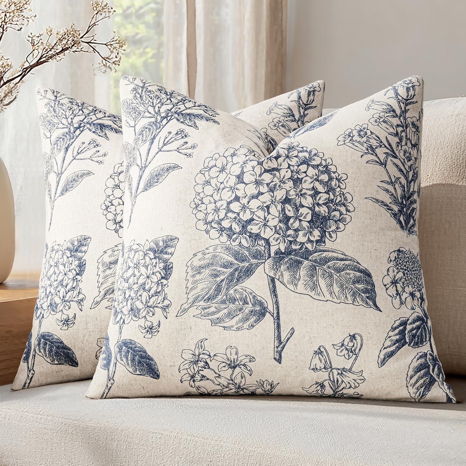 Set of 2 Decorative Floral Neutral Pillow Covers 20×20 Inch Light Blue Hydrangea Print Outdoor Boho Vintage Throw Cushion Covers for Sofa Couch Porch Bedroom Living Room Summer Home Decor