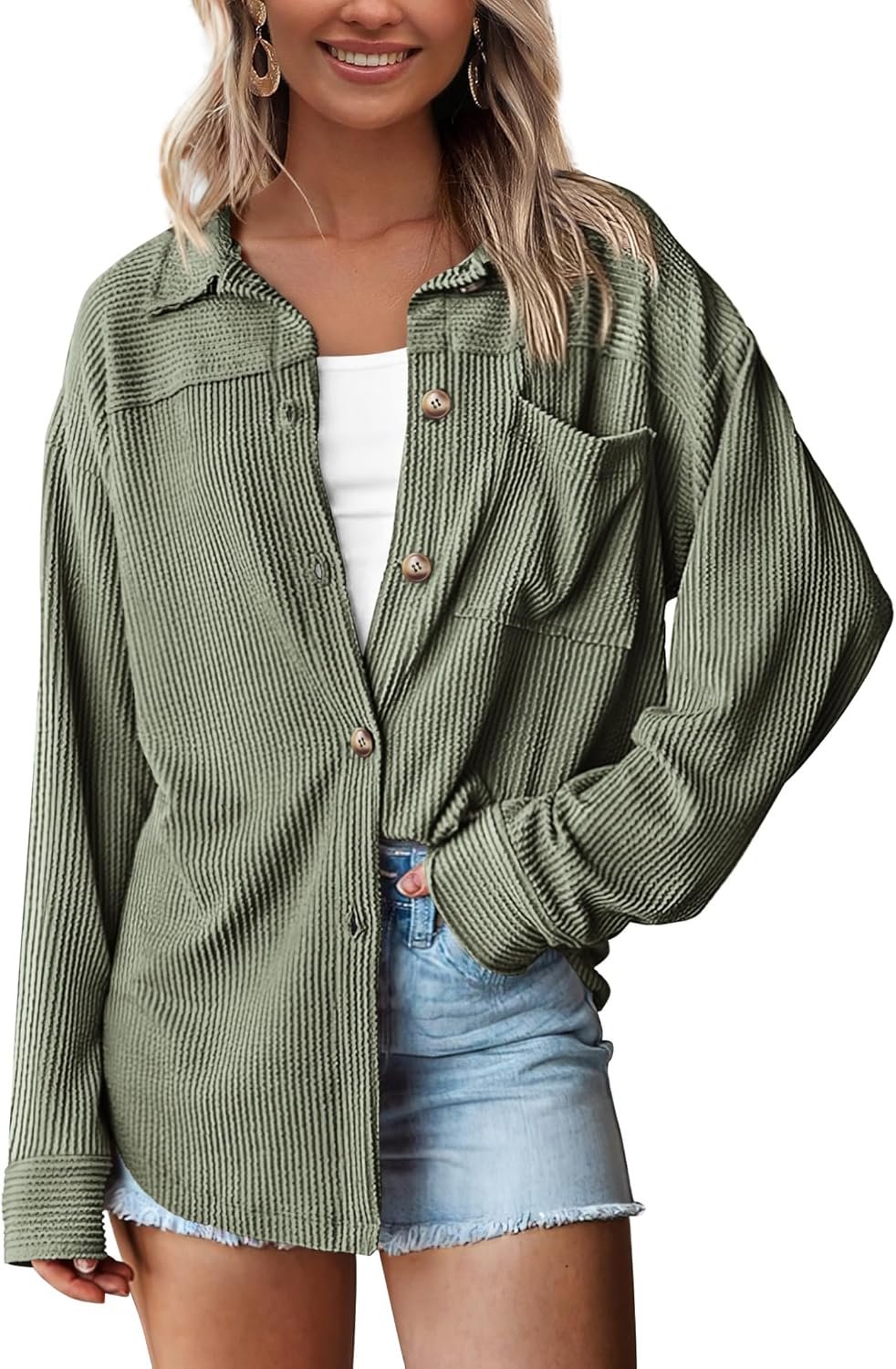 PRETTYGARDEN Women’s Button Down Shirts 2026 Spring Long Sleeve Textured Tops Oversized Shacket Jacket Knit Blouses