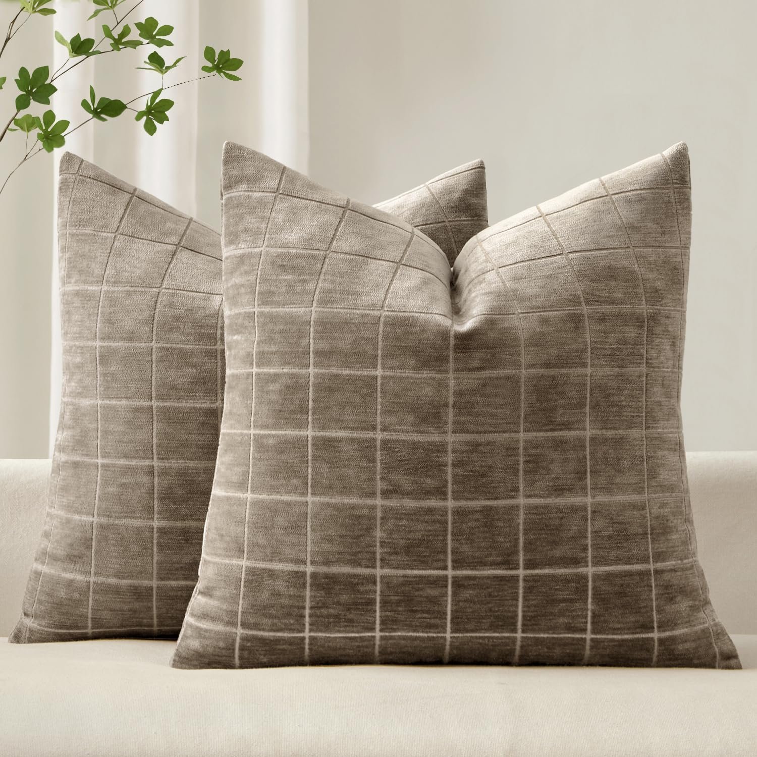 MIULEE Decorative Chenille Check Throw Pillow Covers Vintage Plaid Couch Pillows 18×18 Inch Set of 2 Neutral Boho Farmhouse Cushion Covers Modern Spring Home Decor for Sofa Bed Living Room Taupe Grey