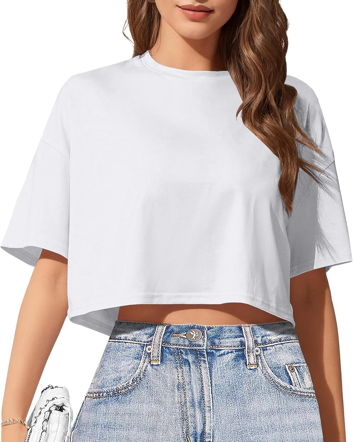 Women’s Basic Crop Top Drop Shoulder T Shirt Half Sleeve Cropped Tee Crewneck Short Sleeve Casual Summer Solid Crop Tops