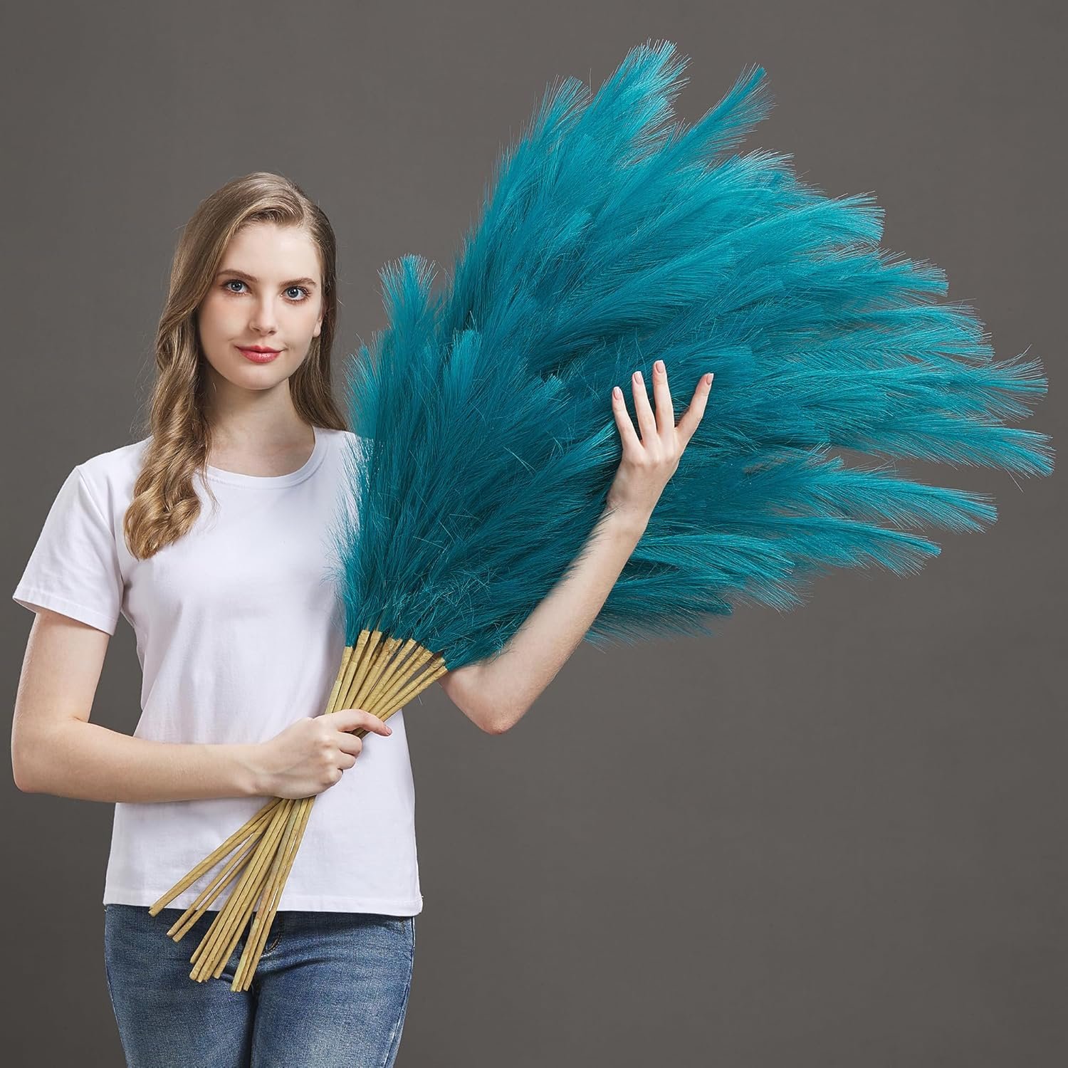 7 Pcs 45″ Faux Pampas Grass – Fluffy Artificial Pompous Grass for Tall Floor Vase, Non-Shedding Home Decor, Boho Wedding Flowers, Baby Shower Centerpieces, Bedroom & Living Room Decor (Blue)