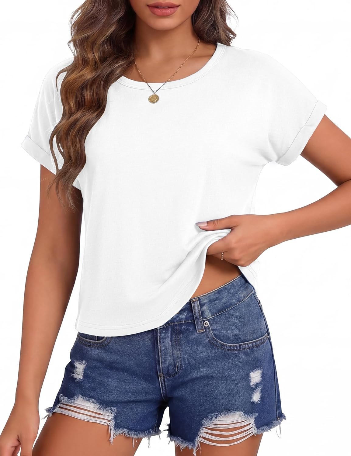 Totatuit Crop Tops for Women Roll Short Sleeve Crewneck Shirts Cropped Tshirts Summer Loose Fit Boxy Basic Tee