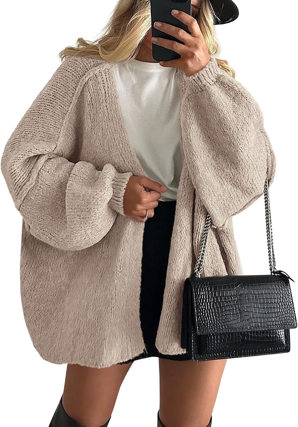 PRETTYGARDEN Womens Oversized Cardigan Sweaters 2025 Fall Long Lantern Sleeve Knit Open Front Lightweight Sweater