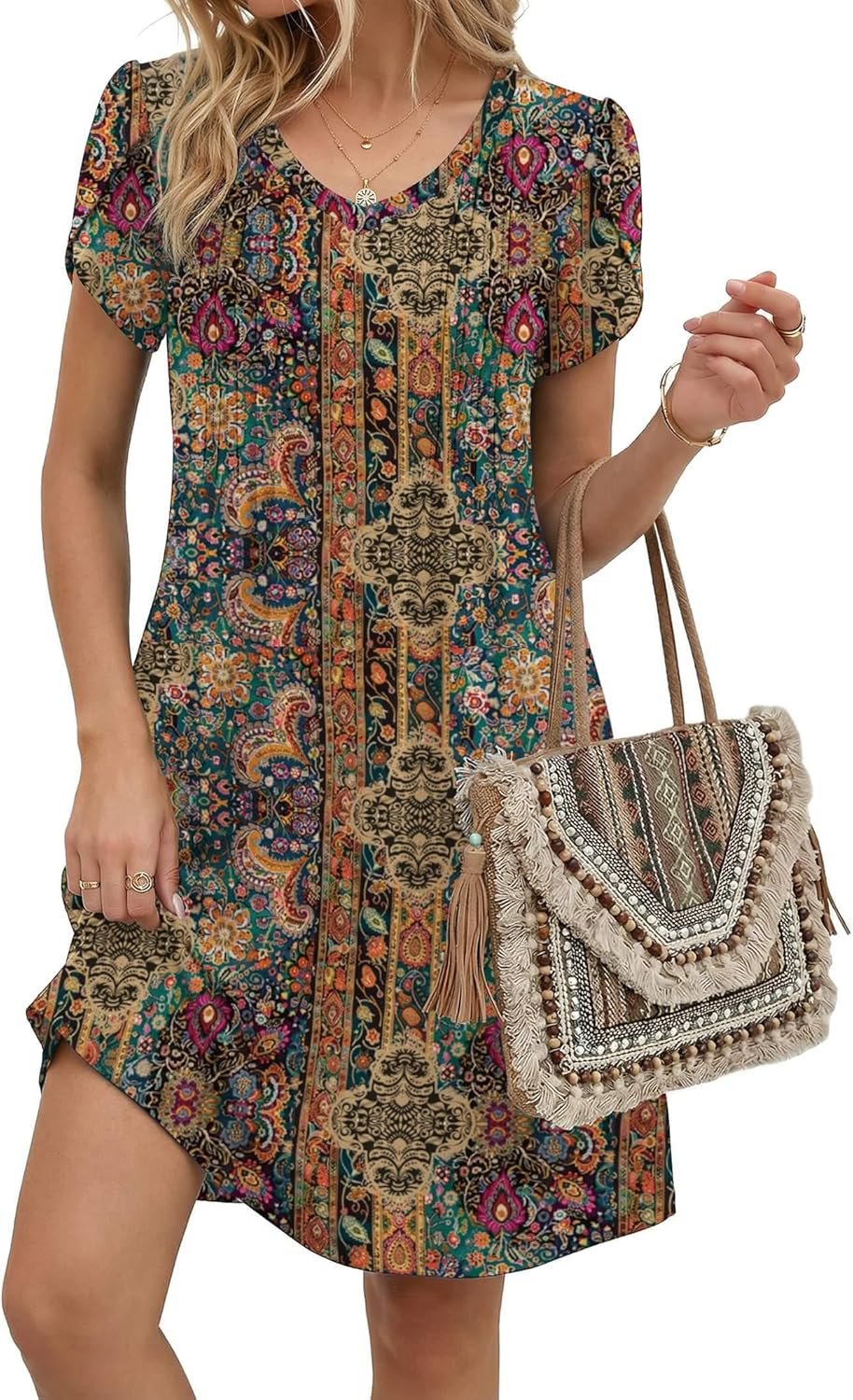 Zeagoo Summer Dresses for Women Casual A Line Dress 2026 V Neck Short Dresses Floral Sundress Pleated Boho Dress