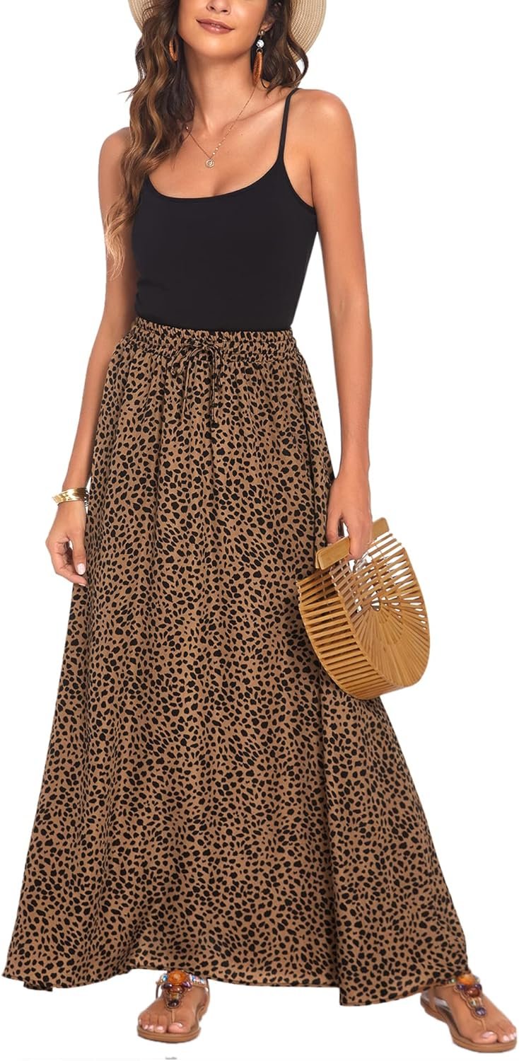 Bluetime Women Flowy Long Skirts Summer Beach Pleated Elastic High Waisted Casual Maxi Skirts