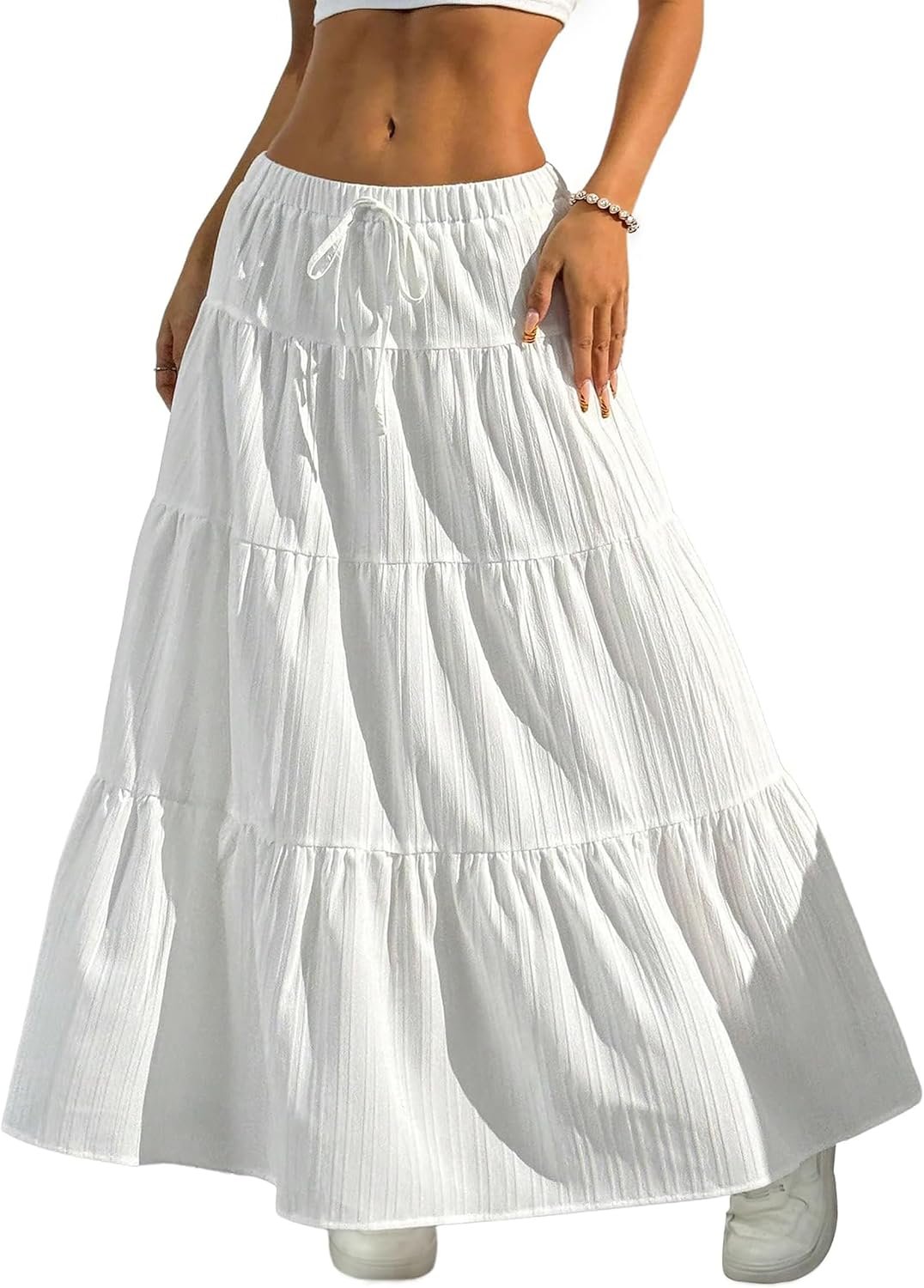 DERAX Women’s Boho Flowy White Maxi Skirt Flared Ruffle Elastic Waist Summer A Line 2026 Spring Long Skirts