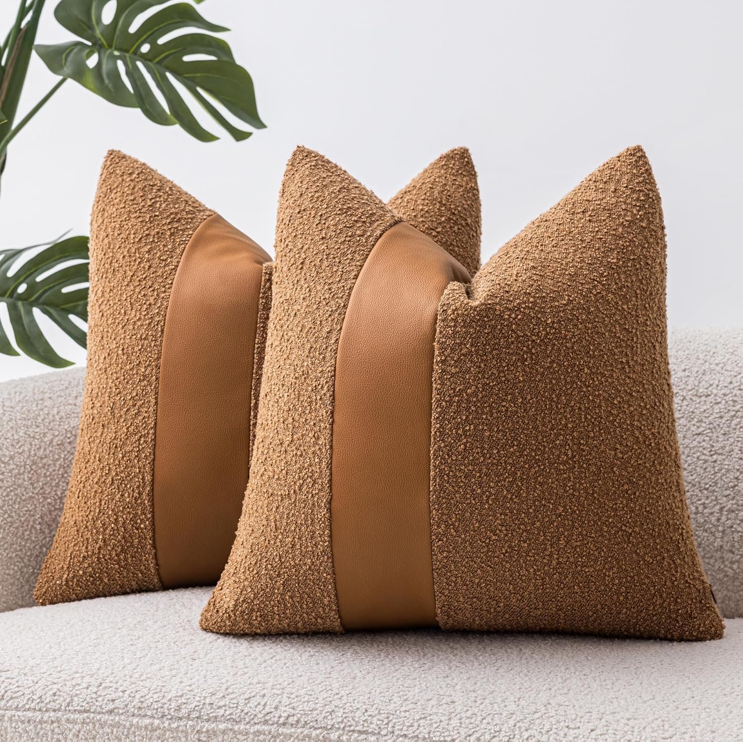 18″x18″ Tobacco Boucle Throw Pillow Covers with Faux Leather Accents Set of 2 Fluffy Textured Decorative Pillow Cases for Couch Bed Boho Farmhouse Square Cushion Covers for Nordic Home Décor