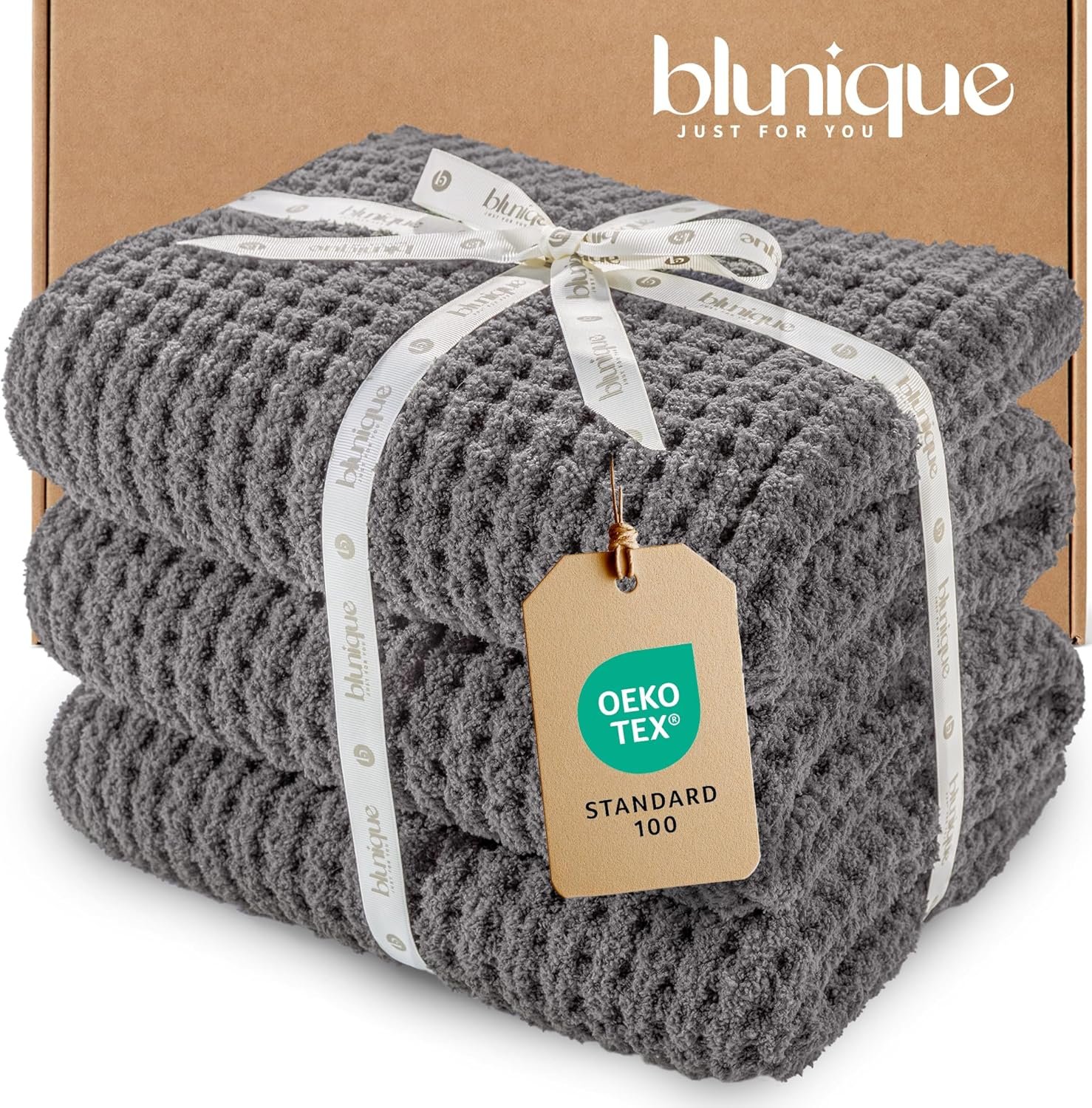 Waffle Knit Throw Blanket, Luxury Cozy Chunky Knit Throw Blanket for Couch, 50 x 60 Inch Thick Ultra-Soft Feather Yarn Knitted Blanket for Sofa, Bed, Home Decor – Grey