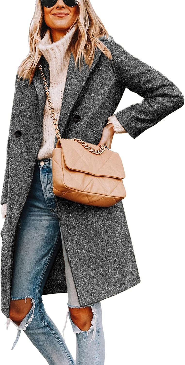 Hooever Women’s Winter Wool Coat Casual Notch Lapel Single-Breasted Peacoat