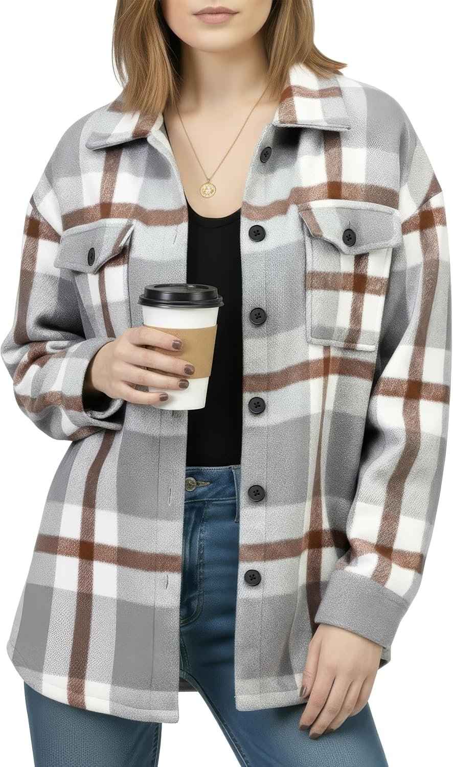 NY Threads Women’s Flannel Shirt Plaid Shacket Fall Outfit Relaxed Fit Button Down Long Sleeve Top Casual Jacket for Women