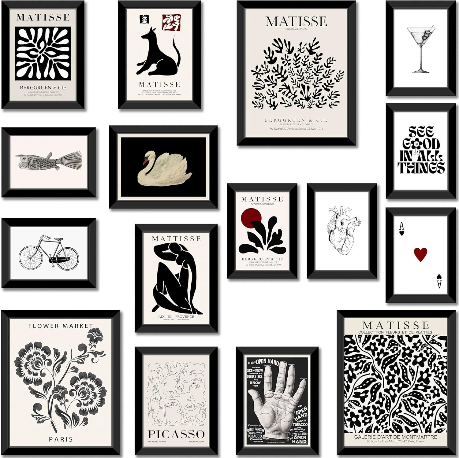 LANCHI95 16 PCS FRAMED Black and White Home Decor, Eclectic Wall Art, Minimalist Posters for Living Room Aesthetic, Matisse Abstract Gallery Wall Prints for Bedroom, Collage Kit Pictures (Black Eclectic 1)