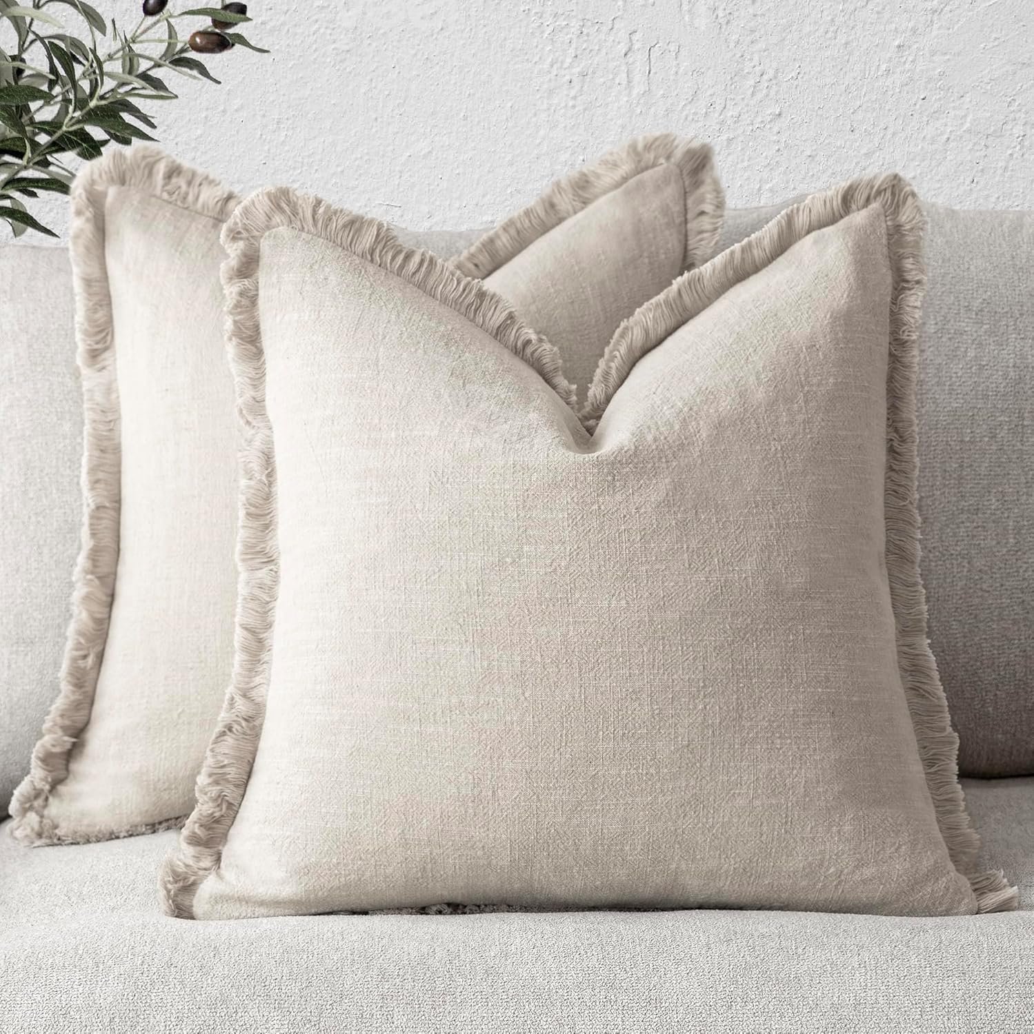 Foindtower Set of 2 Decorative Linen Fringe Throw Pillow Covers Cozy Boho Farmhouse Cushion Cover with Tassels Soft Accent Pillowcase for Couch Sofa Bed Living Room Home Decor, 24×24 Inch, Beige