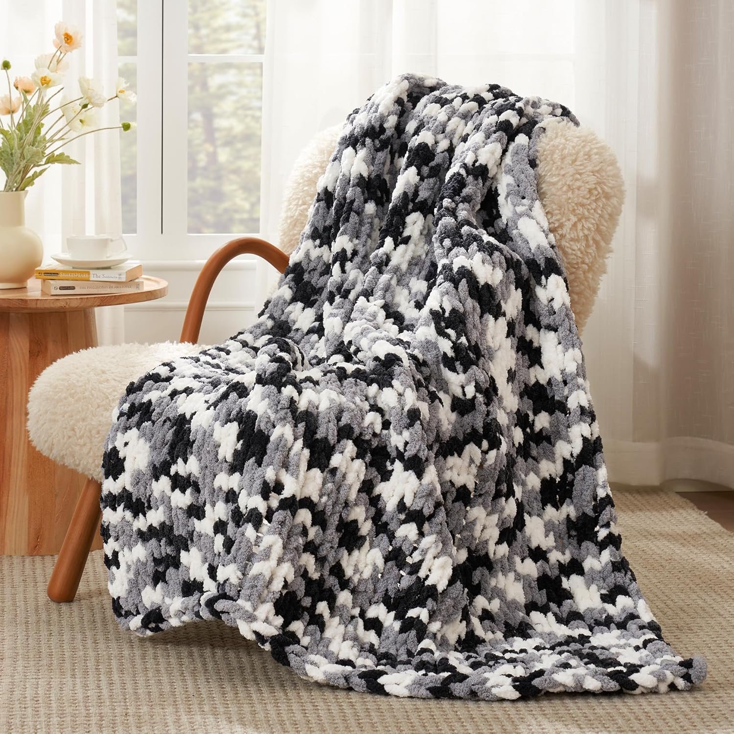 Amélie Home Chunky Knit Throw Blanket for Couch, Soft Chenille Handmade Crochet Throw Rope Knot Blanket for Couch, 50″x60″, Space-Dyed Black
